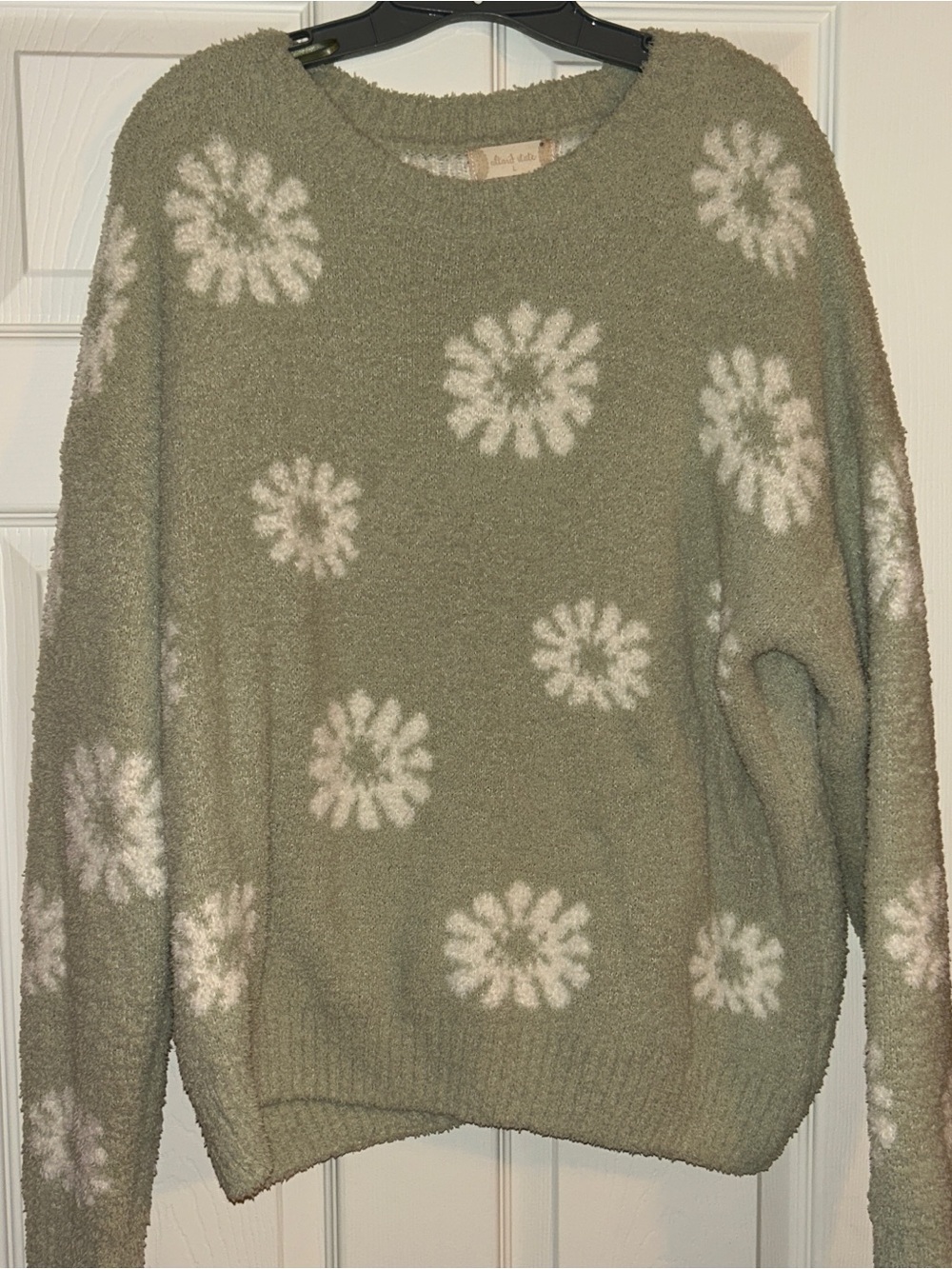 Altar'd State Olive Green Fuzzy Floral Crewneck Sweater
